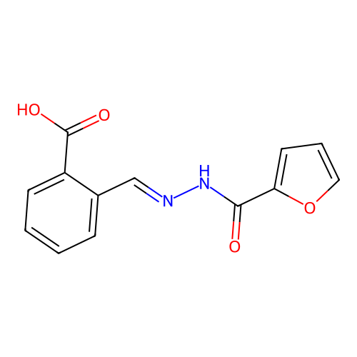 (E)-2-((2-(furan-2-carbonyl)hydrazono)methyl)benzoic acid structure