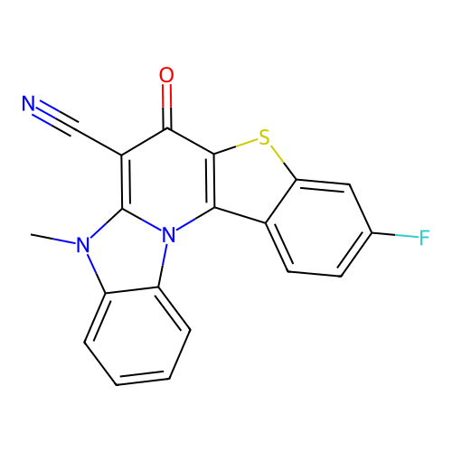 3-fluoro-8-methyl-6-oxo-6,8-dihydro[1]benzothieno[2',3':5,6]pyrido[1,2-a]benzimidazole-7-carbonitrile structure