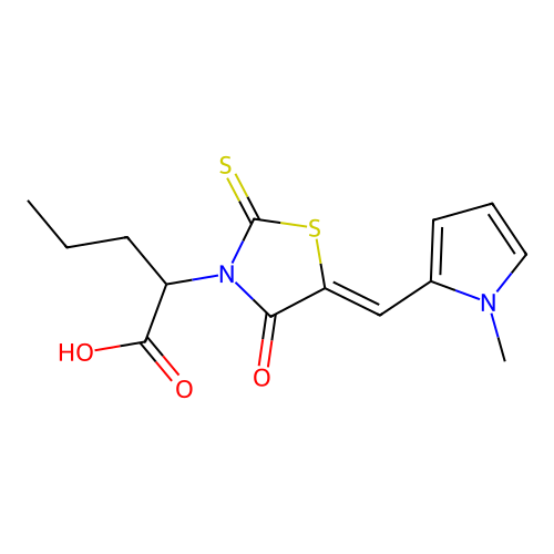 2-{(5Z)-5-[(1-methyl-1H-pyrrol-2-yl)methylidene]-4-oxo-2-thioxo-1,3-thiazolidin-3-yl}pentanoic acid structure