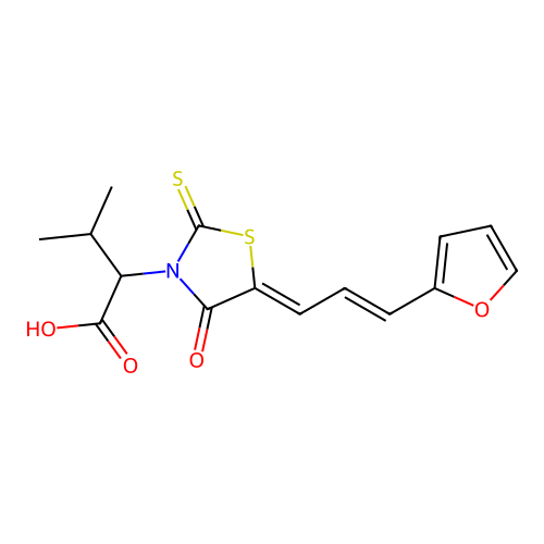 2-[(5Z)-5-[(E)-3-(furan-2-yl)prop-2-enylidene]-4-oxo-2-sulfanylidene-1,3-thiazolidin-3-yl]-3-methylbutanoic acid structure