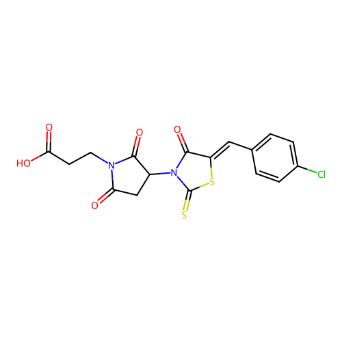 (Z)-3-(3-(5-(4-chlorobenzylidene)-4-oxo-2-thioxothiazolidin-3-yl)-2,5-dioxopyrrolidin-1-yl)propanoic acid structure