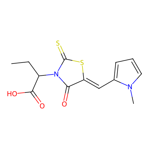 2-[(5Z)-5-[(1-methylpyrrol-2-yl)methylidene]-4-oxo-2-sulfanylidene-1,3-thiazolidin-3-yl]butanoic acid structure