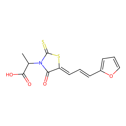 2-((Z)-5-((E)-3-(furan-2-yl)allylidene)-4-oxo-2-thioxothiazolidin-3-yl)propanoic acid structure