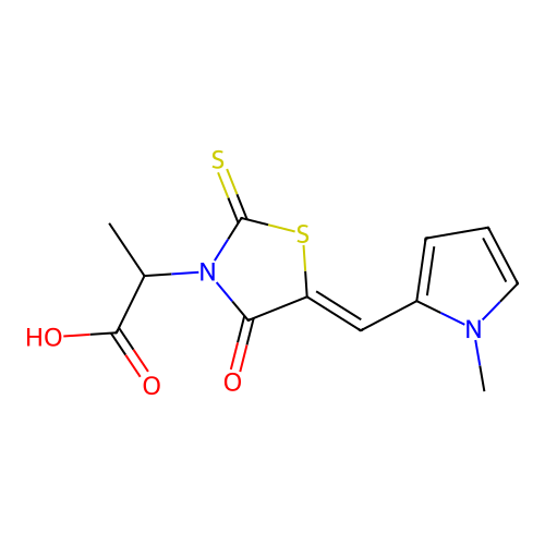 2-[(5Z)-5-[(1-methylpyrrol-2-yl)methylidene]-4-oxo-2-sulfanylidene-1,3-thiazolidin-3-yl]propanoic acid structure