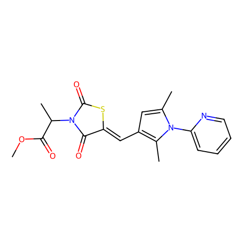(Z)-methyl 2-(5-((2,5-dimethyl-1-(pyridin-2-yl)-1H-pyrrol-3-yl)methylene)-2,4-dioxothiazolidin-3-yl)propanoate structure