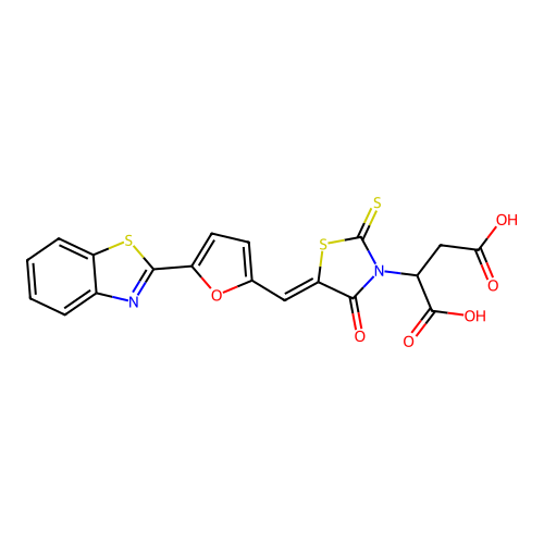 2-[(5Z)-5-{[5-(1,3-benzothiazol-2-yl)furan-2-yl]methylidene}-4-oxo-2-thioxo-1,3-thiazolidin-3-yl]butanedioic acid structure