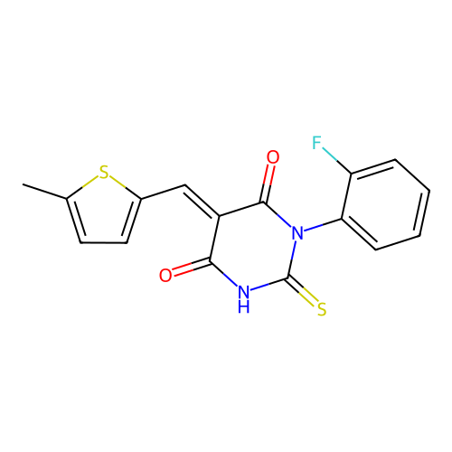 (5E)-1-(2-fluorophenyl)-5-[(5-methylthiophen-2-yl)methylidene]-2-sulfanylidene-1,3-diazinane-4,6-dione structure