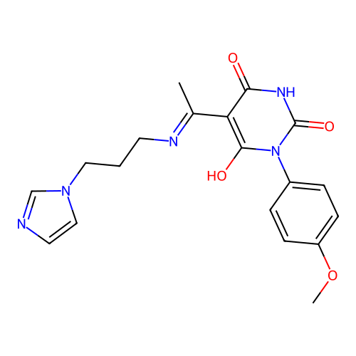 (5E)-5-[1-(3-imidazol-1-ylpropylamino)ethylidene]-1-(4-methoxyphenyl)-1,3-diazinane-2,4,6-trione structure