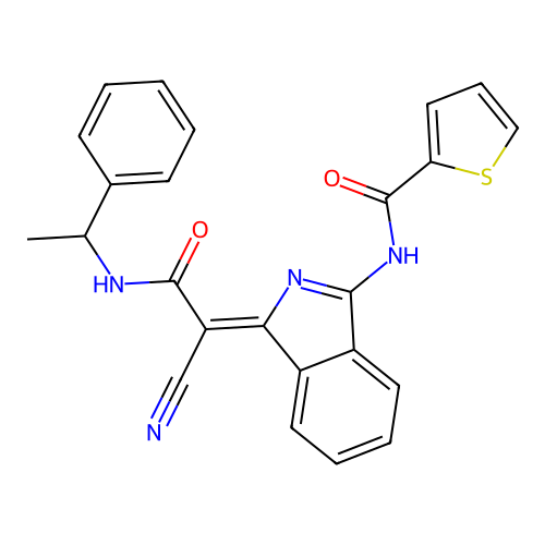 (Z)-N-(1-(1-cyano-2-oxo-2-((1-phenylethyl)amino)ethylidene)-1H-isoindol-3-yl)thiophene-2-carboxamide structure
