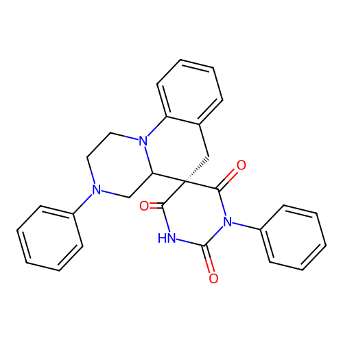 (5R)-1'',3-diphenylspiro[2,4,4a,6-tetrahydro-1H-pyrazino[1,2-a]quinoline-5,5''-hexahydropyrimidine]-2'',4'',6''-trione structure