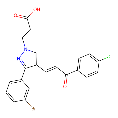 3-[3-(3-bromophenyl)-4-[(E)-3-(4-chlorophenyl)-3-oxoprop-1-enyl]pyrazol-1-yl]propanoic acid structure