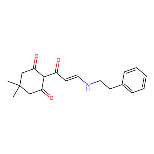 (E)-5,5-dimethyl-2-(3-(phenethylamino)acryloyl)cyclohexane-1,3-dione structure