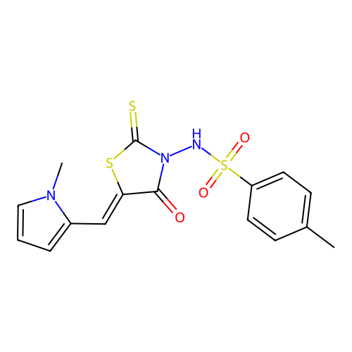 4-methyl-N-[(5Z)-5-[(1-methylpyrrol-2-yl)methylidene]-4-oxo-2-sulfanylidene-1,3-thiazolidin-3-yl]benzenesulfonamide structure