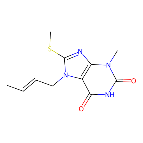 (E)-7-(but-2-en-1-yl)-3-methyl-8-(methylthio)-1H-purine-2,6(3H,7H)-dione structure