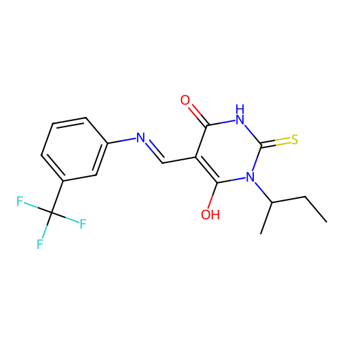 (5E)-1-(butan-2-yl)-2-sulfanyl-5-({[3-(trifluoromethyl)phenyl]amino}methylidene)pyrimidine-4,6(1H,5H)-dione structure