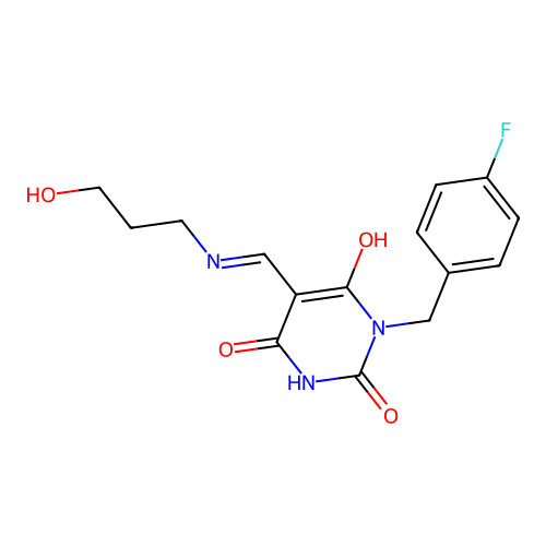 (5E)-1-[(4-fluorophenyl)methyl]-5-[(3-hydroxypropylamino)methylidene]-1,3-diazinane-2,4,6-trione structure