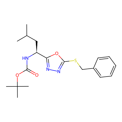 (S)-tert-butyl (1-(5-(benzylthio)-1,3,4-oxadiazol-2-yl)-3-methylbutyl)carbamate structure