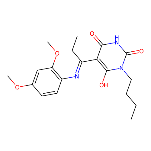 (5E)-1-butyl-5-[1-(2,4-dimethoxyanilino)propylidene]-1,3-diazinane-2,4,6-trione structure