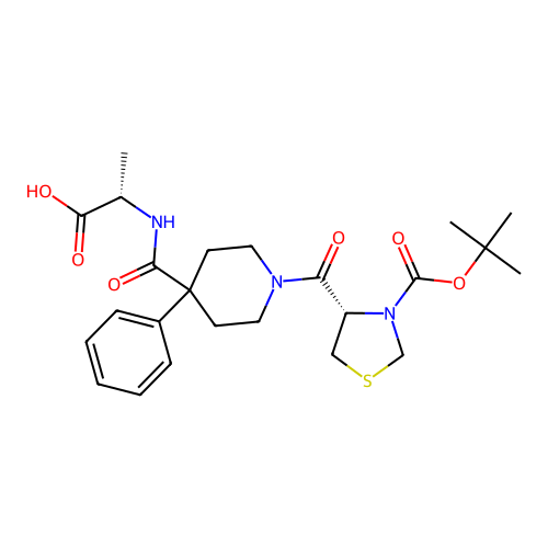 (2S)-2-[[1-[(4S)-3-[(2-methylpropan-2-yl)oxycarbonyl]-1,3-thiazolidine-4-carbonyl]-4-phenylpiperidine-4-carbonyl]amino]propanoic acid structure