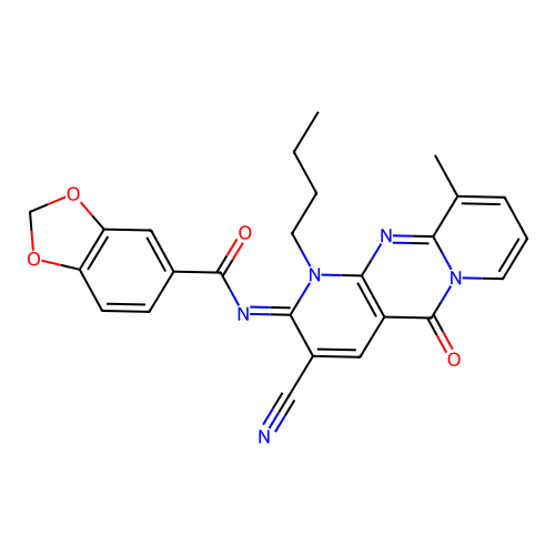 (E)-N-(1-butyl-3-cyano-10-methyl-5-oxo-1H-dipyrido[1,2-a:2',3'-d]pyrimidin-2(5H)-ylidene)benzo[d][1,3]dioxole-5-carboxamide structure