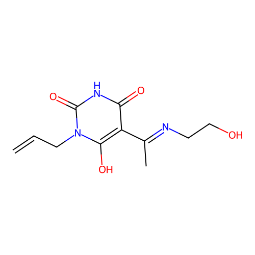 (E)-1-allyl-5-(1-((2-hydroxyethyl)amino)ethylidene)pyrimidine-2,4,6(1H,3H,5H)-trione structure