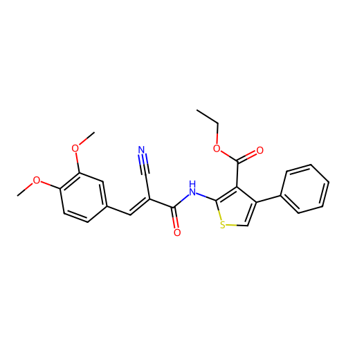 2-[(E)-2-Cyano-3-(3,4-dimethoxy-phenyl)-acryloylamino]-4-phenyl-thiophene-3-carboxylic acid ethyl ester structure