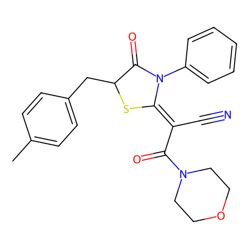 (2Z)-2-[5-[(4-methylphenyl)methyl]-4-oxo-3-phenyl-1,3-thiazolidin-2-ylidene]-3-morpholin-4-yl-3-oxopropanenitrile structure