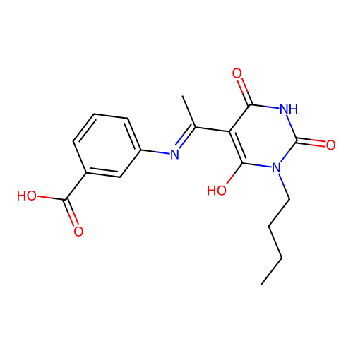 (Z)-3-((1-(1-butyl-2,4,6-trioxotetrahydropyrimidin-5(2H)-ylidene)ethyl)amino)benzoic acid structure