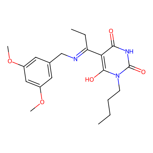 1-Butyl-5-[1-(3,5-dimethoxy-benzylamino)-prop-(E)-ylidene]-pyrimidine-2,4,6-trione structure