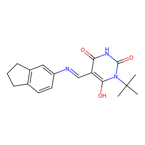 1-tert-butyl-5-[(2,3-dihydro-1H-inden-5-ylamino)methylidene]-1,3-diazinane-2,4,6-trione structure