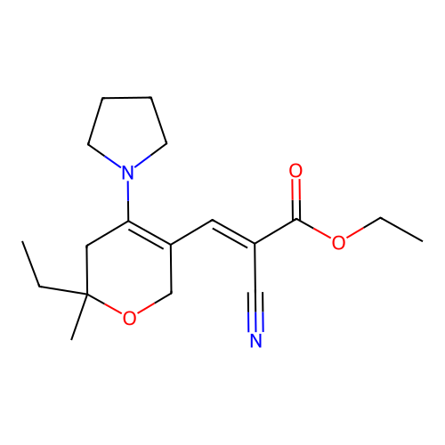 (E)-2-Cyano-3-(6-ethyl-6-methyl-4-pyrrolidin-1-yl-5,6-dihydro-2H-pyran-3-yl)-acrylic acid ethyl ester structure