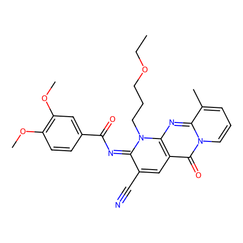 N-[3-Cyano-1-(3-ethoxy-propyl)-8-methyl-10-oxo-1,10-dihydro-1,9,10a-triaza-anthracen-(2E)-ylidene]-3 ,4-dimethoxy-benzamide structure