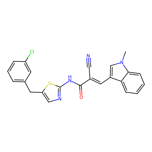 (E)-N-(5-(3-chlorobenzyl)thiazol-2-yl)-2-cyano-3-(1-methyl-1H-indol-3-yl)acrylamide structure