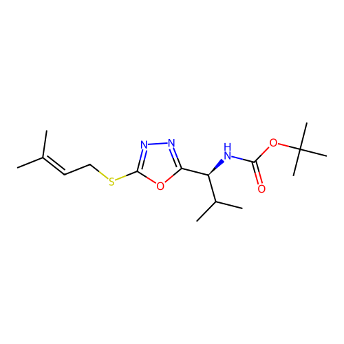 (S)-tert-butyl (2-methyl-1-(5-((3-methylbut-2-en-1-yl)thio)-1,3,4-oxadiazol-2-yl)propyl)carbamate structure
