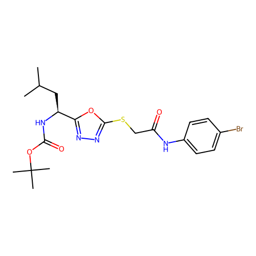 tert-butyl N-[(1S)-1-[5-[2-(4-bromoanilino)-2-oxoethyl]sulfanyl-1,3,4-oxadiazol-2-yl]-3-methylbutyl]carbamate structure