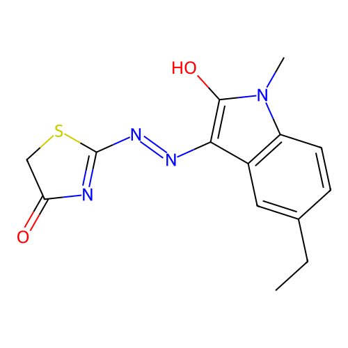 (E)-2-((Z)-(5-ethyl-1-methyl-2-oxoindolin-3-ylidene)hydrazono)thiazolidin-4-one structure