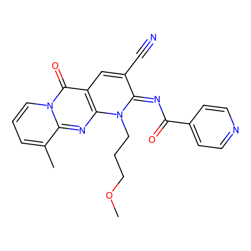 (E)-N-(3-cyano-1-(3-methoxypropyl)-10-methyl-5-oxo-1H-dipyrido[1,2-a:2',3'-d]pyrimidin-2(5H)-ylidene)isonicotinamide structure