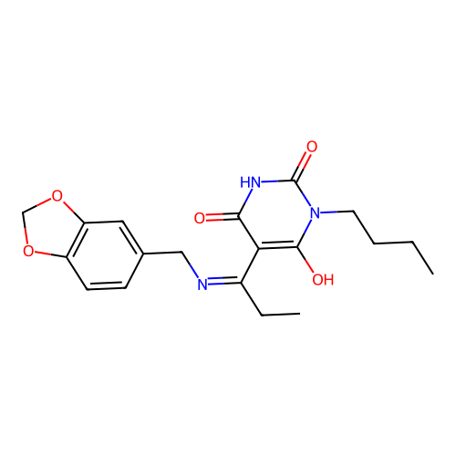 5-[1-(1,3-benzodioxol-5-ylmethylamino)propylidene]-1-butyl-1,3-diazinane-2,4,6-trione structure