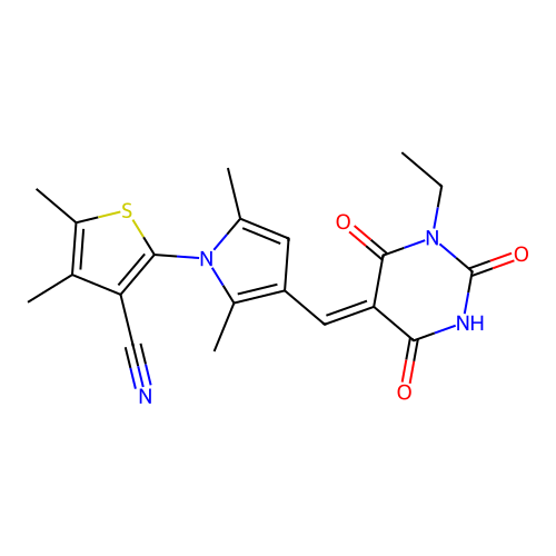 (Z)-2-(3-((1-ethyl-2,4,6-trioxotetrahydropyrimidin-5(2H)-ylidene)methyl)-2,5-dimethyl-1H-pyrrol-1-yl)-4,5-dimethylthiophene-3-carbonitrile structure
