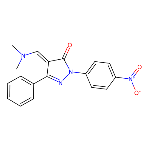 (E)-4-((dimethylamino)methylene)-1-(4-nitrophenyl)-3-phenyl-1H-pyrazol-5(4H)-one structure