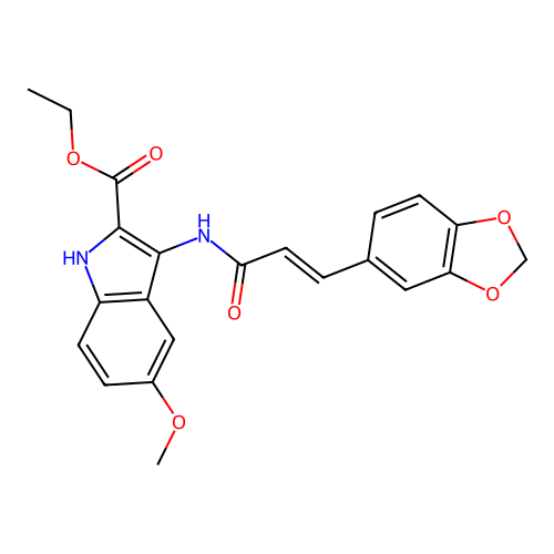 (E)-ethyl 3-(3-(benzo[d][1,3]dioxol-5-yl)acrylamido)-5-methoxy-1H-indole-2-carboxylate structure