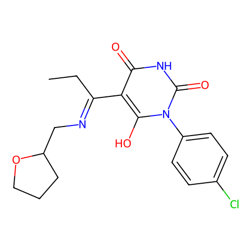 (E)-1-(4-chlorophenyl)-5-(1-(((tetrahydrofuran-2-yl)methyl)amino)propylidene)pyrimidine-2,4,6(1H,3H,5H)-trione structure