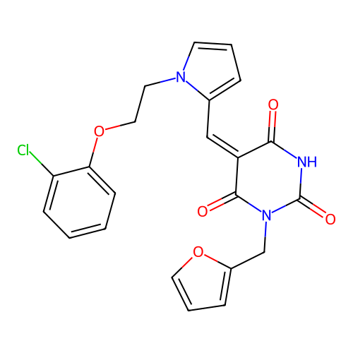 (5E)-5-({1-[2-(2-chlorophenoxy)ethyl]-1H-pyrrol-2-yl}methylidene)-3-(furan-2-ylmethyl)-6-hydroxypyrimidine-2,4(3H,5H)-dione structure