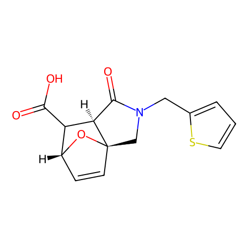 (3aS,6R,7aR)-1-oxo-2-(thiophen-2-ylmethyl)-1,2,3,6,7,7a-hexahydro-3a,6-epoxyisoindole-7-carboxylic acid structure