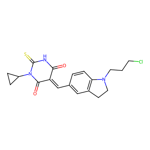 (5E)-5-[[1-(3-chloropropyl)-2,3-dihydroindol-5-yl]methylidene]-1-cyclopropyl-2-sulfanylidene-1,3-diazinane-4,6-dione structure