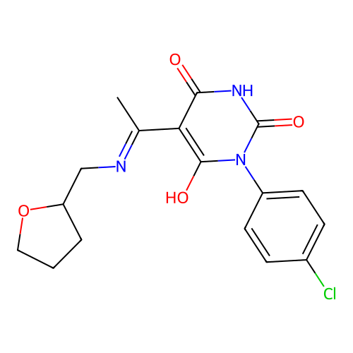 1-(4-chlorophenyl)-5-[1-(2-oxolanylmethylamino)ethylidene]-1,3-diazinane-2,4,6-trione structure
