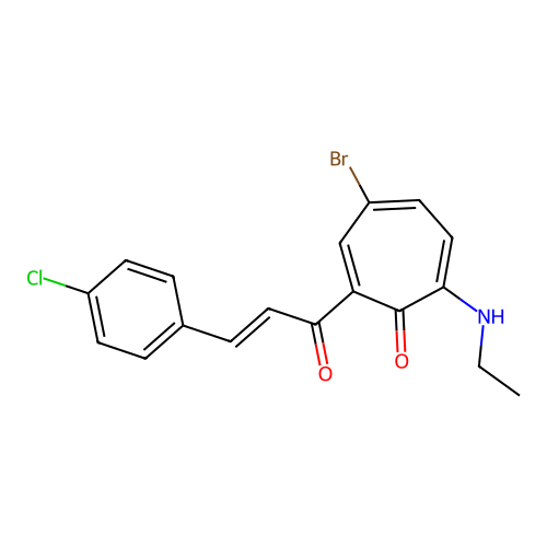 4-bromo-2-[(E)-3-(4-chlorophenyl)prop-2-enoyl]-7-(ethylamino)cyclohepta-2,4,6-trien-1-one structure