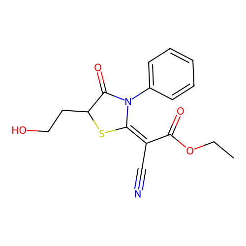 (E)-ethyl 2-cyano-2-(5-(2-hydroxyethyl)-4-oxo-3-phenylthiazolidin-2-ylidene)acetate structure