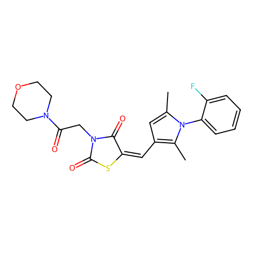 (5E)-5-{[1-(2-fluorophenyl)-2,5-dimethyl-1H-pyrrol-3-yl]methylidene}-3-[2-(morpholin-4-yl)-2-oxoethyl]-1,3-thiazolidine-2,4-dione structure