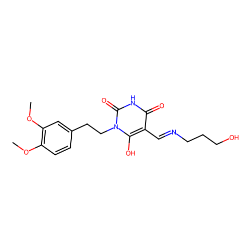(5E)-1-[2-(3,4-dimethoxyphenyl)ethyl]-5-[(3-hydroxypropylamino)methylidene]-1,3-diazinane-2,4,6-trione structure